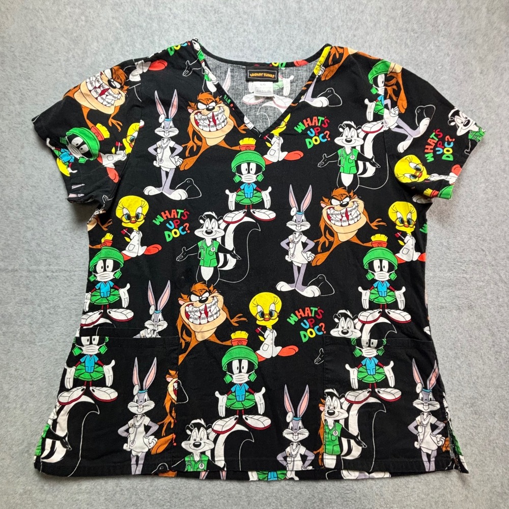 Looney Tunes Characters Print Scrub Top V Neck Short Sleeve Black Large Taz Bugs